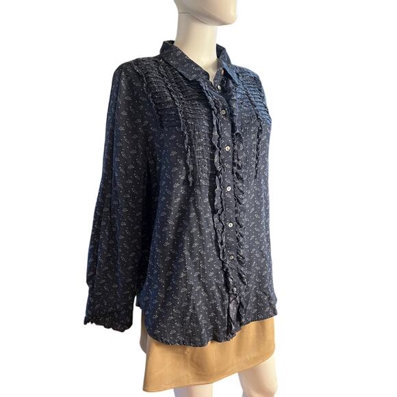 Sundance Navy Floral Lightweight Cotton Ruffle Button-Down Top Size XL - Picture 1 of 7